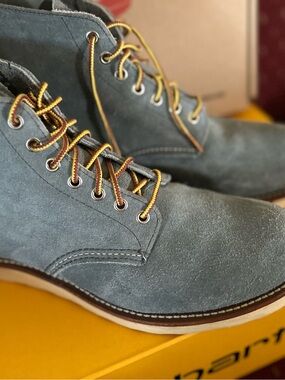 Red Wing Shoes Men's Suede Lace-Up Boots in Slate Blue with Yellow-Brown Laces